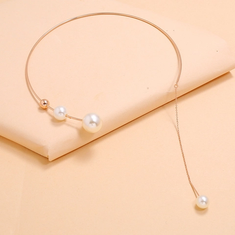 Minimalist Alloy Artificial Pearl Tassel Choker Necklace For Women Rose Gold Plated Elegant Asymmetric Fringe Wedding Party Jewelry