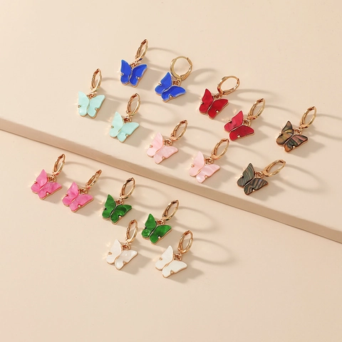 Fashionable Alloy Butterfly Hoop Earrings Set For Women Simple Colorful Resin Butterfly Drop Earrings Inlaid Jewelry Accessories Gift