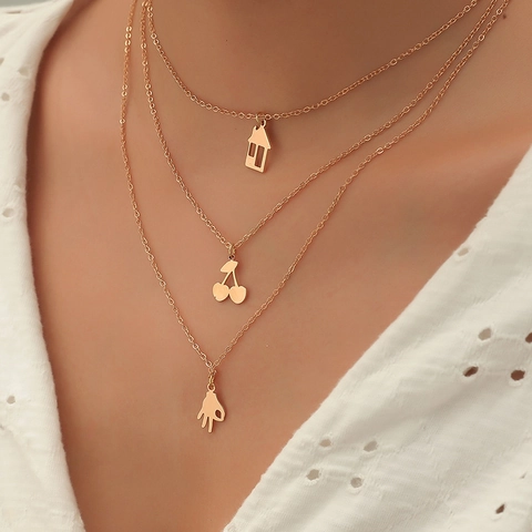 Collier Multi-couches Couleur Or Minimaliste Avec Pendentifs Maison Cerise Geste OK Pour Femme Bijoux De Mode Niche