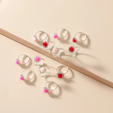 Kinderen Verstelbare Legering Roos Bloem Strass Ringen Set Zoet Cartoon Bloemen Veelkleurig Vinger Sieraden Voor Meisjes Cadeau