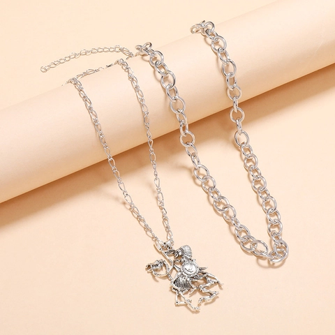 Retro Antique Silver Skull Knight Layered Necklace For Men Women Punk Gothic Style Alloy Jewelry Accessories Gift