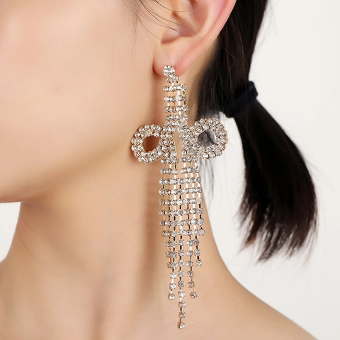 Luxury Alloy Rhinestone Long Tassel Dangle Earrings For Women Vintage Bow Geometric Party Wedding Formal Accessories Jewelry