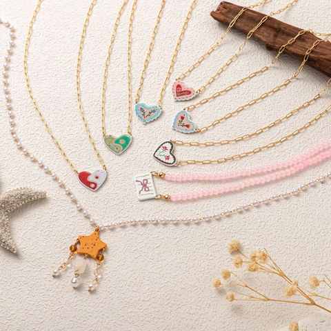 14K Gold Plated Copper Chain Necklace With Ceramic Heart Star Bow Tai Chi Pendant For Women Bohemian Sweet Jewelry