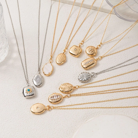 Vintage 14k Gold Plated Copper Locket Necklace For Women Shell Zirconia Oval Square Photo Box Pendant Bohemian Fashion Jewelry Gift