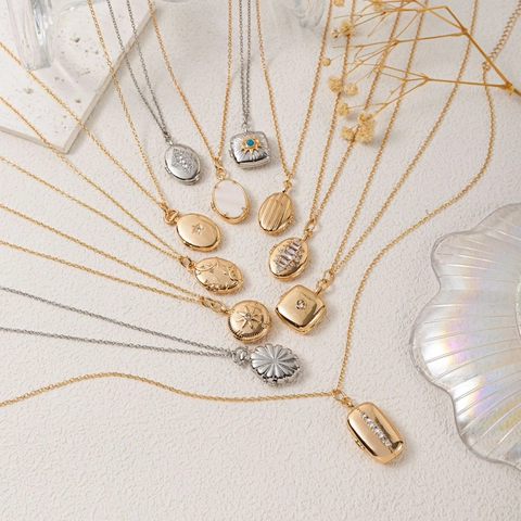 Vintage 14k Gold Plated Copper Locket Necklace For Women Shell Zirconia Oval Square Photo Box Pendant Bohemian Fashion Jewelry Gift