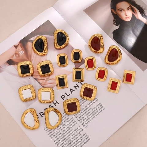 Vintage Stainless Steel Geometric Stud Earrings For Women Gold Plated French Style Hammered Texture Enamel Style Jewelry