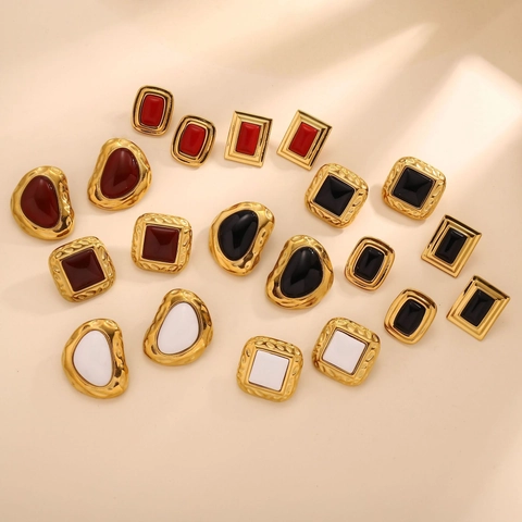 Vintage Stainless Steel Geometric Stud Earrings For Women Gold Plated French Style Hammered Texture Enamel Style Jewelry