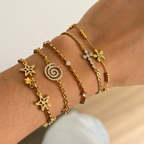 European Stainless Steel Zirconia Bracelet Women Gold Plated Cross Star Flower Charm Adjustable Link Chain Jewelry Gift
