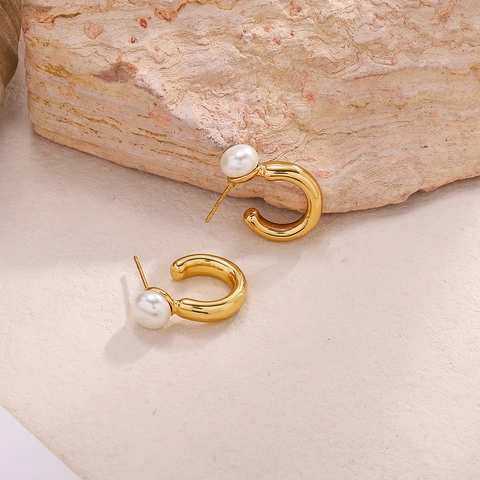 Boucles d'Oreilles Clous Künstliche Perle en Forme de C en Acier Inoxydable Vintage Français Créoles Géométriques Or pour Femme