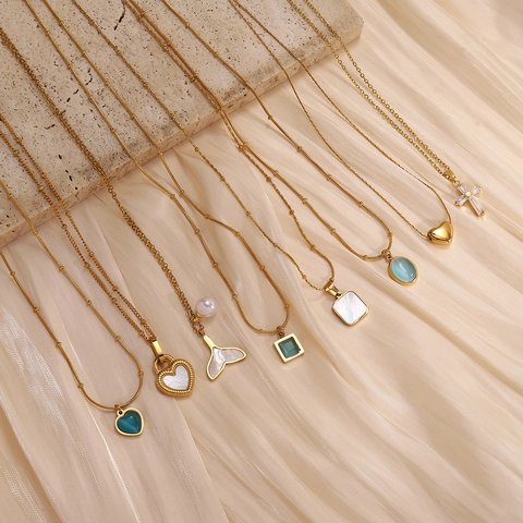 Collana Con Ciondolo in Acciaio Inossidabile Conchiglia per Donna Placcato Oro Strass Perla Artificiale Cuore Croce Gioielli