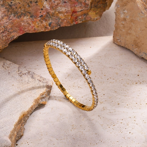 18K Vergoldet Edelstahl Doppelreihiges Zirkonia Armband Geometrische Vakuumgalvanisierung Nicht Verblassendes Armband Unisex Schmuck