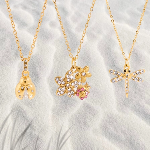 Nature Inspired Stainless Steel Gold Ladybug Dragonfly Flower Pendant Necklace For Women Elegant Rhinestone Daily Party Jewelry
