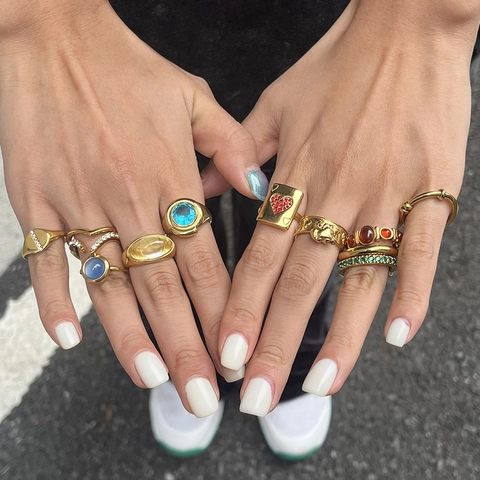 Vintage 18K Gold Plated Stainless Steel Ring For Women Heart Horseshoe Geometric Rhinestone Open Ring Fashion Jewelry Gift