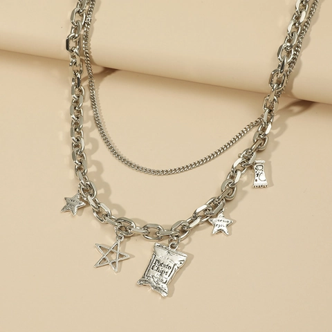 Collier en Alliage Double Couche de Personnalité de la Mode Femme Vintage Or Argent Étoile Pendentif Chips Bijoux de Rue