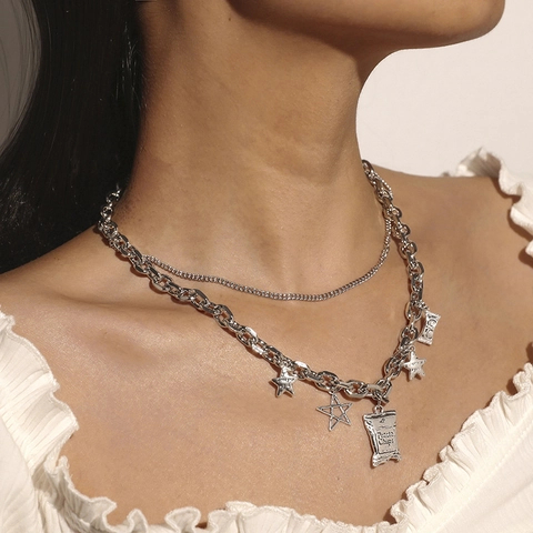 Collier en Alliage Double Couche de Personnalité de la Mode Femme Vintage Or Argent Étoile Pendentif Chips Bijoux de Rue
