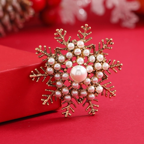Spilla a Forma di Fiocco di Neve in Lega Vintage per Donna Elegante con Perle Artificiali Intarsiate Finitura Oro Retro Regalo Gioielli Natale