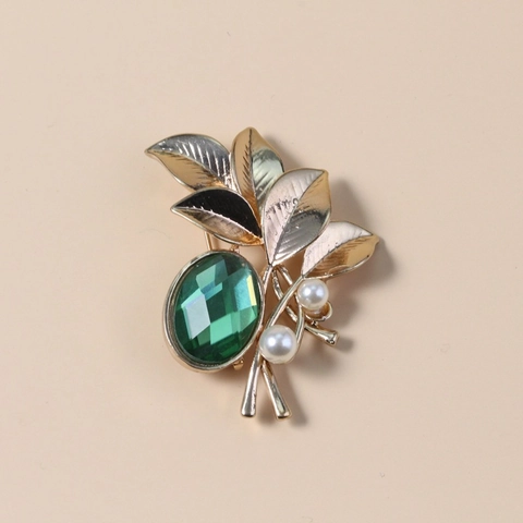 Vintage French Style Alloy Rhinestone Leaf Brooch For Women Elegant Crystal Artificial Pearl Inlaid Jewelry For Coat Sweater Accessories