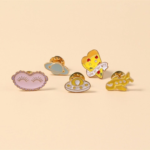 Cute Cartoon Enamel Brooch Pin Alloy Drip Oil UFO Planet Pizza Airplane Eyes Badge For Backpack Clothing Decorative Accessory