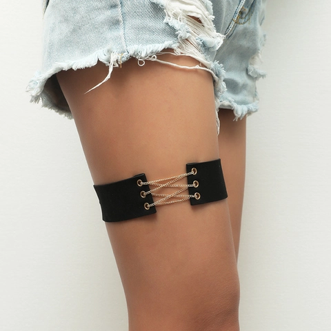 Punk Black Fabric Leg Garter With Gold Metal Chains Women Sexy Gothic Adjustable Body Jewelry Accessory Choker Necklace
