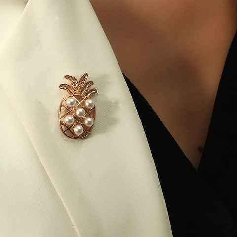 Broche Minimaliste en Alliage Émaillé pour Femmes Or Vert Ananas et Cocotier Avec Perles Artificielles Accessoires