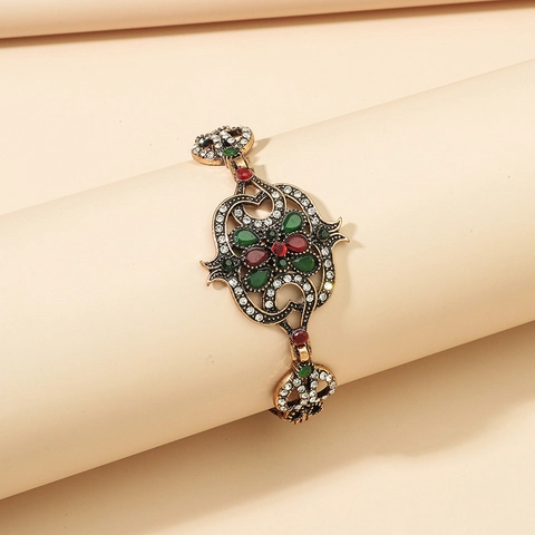 Pulsera de Aleación Étnica Vintage para Mujer Bohemio Oro Antiguo Hueco Incrustado con Diamantes de Imitación Rojos Verdes Joyería