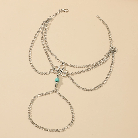 Vintage Bohemian Alloy Anklet With Turquoise Bead For Women Ethnic Hollow Flower Toe Ring Barefoot Sandal Beach Jewelry