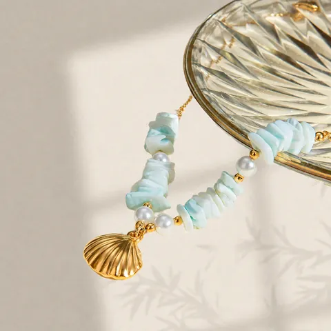 Collier Pendentif Étoile de Mer et Coquillage en Acier Inoxydable Plaqué Or 18K pour Femmes Vert Menthe Rose Perle Artificielle Bijoux de Plage