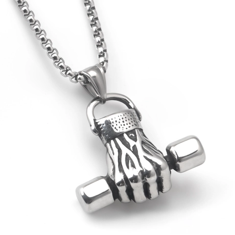 Stainless Steel Dumbbell Hand Pendant Necklace For Men Fitness Gym Punk Hip Hop Style Retro Jewelry Fist Grip Pendant