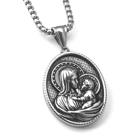 Vintage Roestvrijstalen Ovale Religieuze Maagd Maria Hanger Ketting Hip Hop Punk Reliëf Portret Sieraden Mannen Vrouwen Cadeau