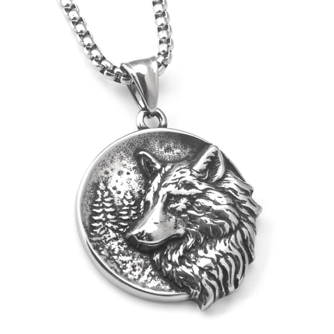 Vintage Roestvrij Staal Wolfskop Hanger Halsketting Voor Heren Dames Punk Rock Hip Hop Bos Reliëf Ronde Medaillon Sieraden