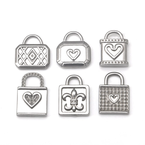 Vintage Stainless Steel Heart Lock Pendants DIY Jewelry Making Accessories Heart Fleur-de-lis Pattern Metal Charms 6 Styles