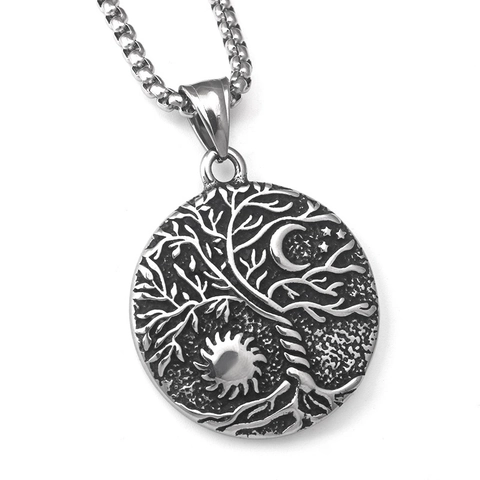 Roestvrij Staal Levensboom Zon Maan Hanger Ketting Voor Mannen Vrouwen Vintage Punk Hip Hop Geoxideerd Zilveren Sieraden