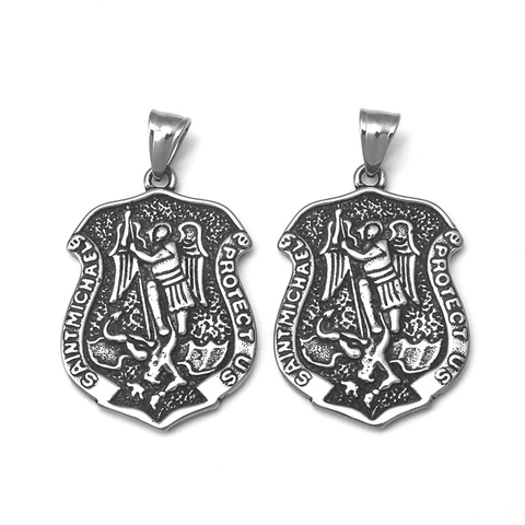 Retro Stainless Steel Saint Michael Archangel Shield Pendant Necklace Gothic Punk Embossed Religious Protective Jewelry For Men