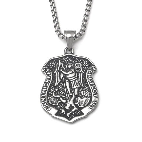 Retro Stainless Steel Saint Michael Archangel Shield Pendant Necklace Gothic Punk Embossed Religious Protective Jewelry For Men