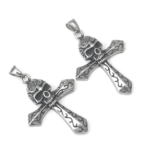 Gothic Skull Cross Pendant Necklace Stainless Steel Retro Punk Hip Hop Rock Jewelry For Men Women Vintage Silver Tone