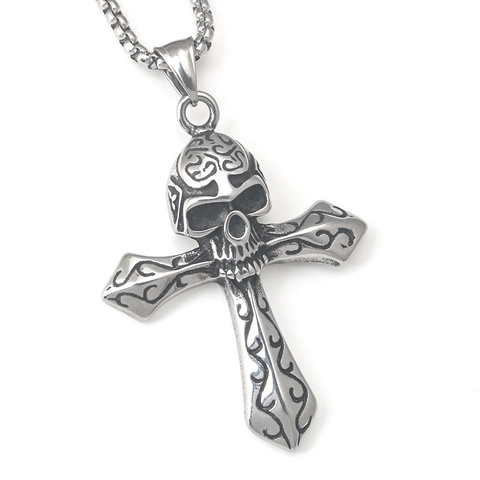 Gothic Skull Cross Pendant Necklace Stainless Steel Retro Punk Hip Hop Rock Jewelry For Men Women Vintage Silver Tone