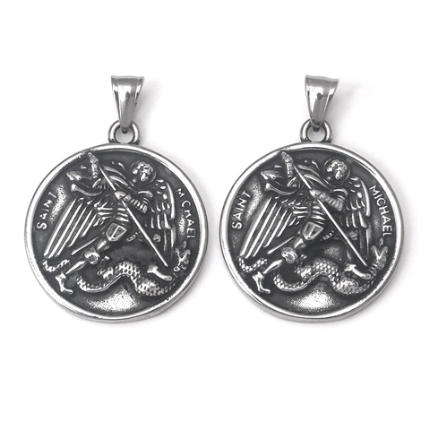 Saint Michael Archangel Dragon Slayer Pendant Necklace Stainless Steel Vintage Religious Medal Jewelry For Men Women
