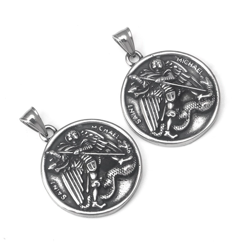 Saint Michael Archangel Dragon Slayer Pendant Necklace Stainless Steel Vintage Religious Medal Jewelry For Men Women