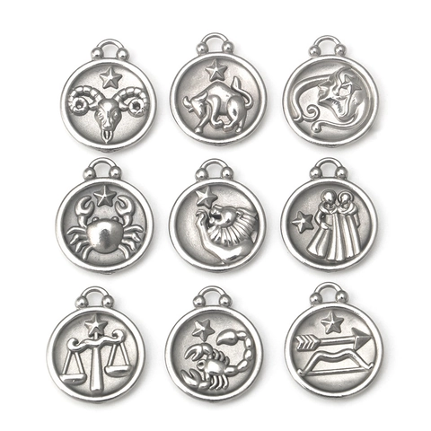 Stainless Steel Zodiac Sign Pendant Only Without Chain For DIY Jewelry Making Vintage Embossed Constellation Round Charm Accessory