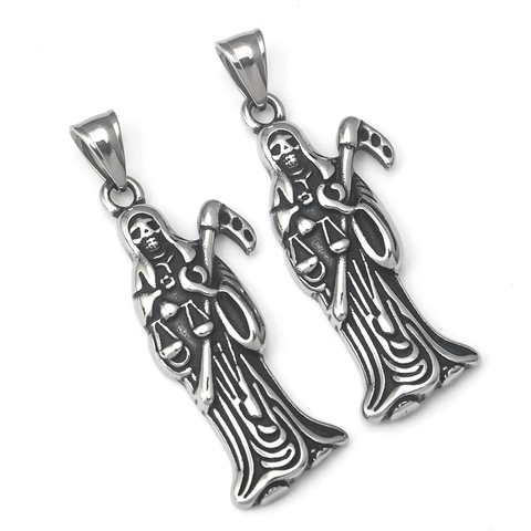Vintage Stainless Steel Grim Reaper Pendant Necklace Gothic Skeleton Scythe Scales Punk Jewelry Accessory For Men Women