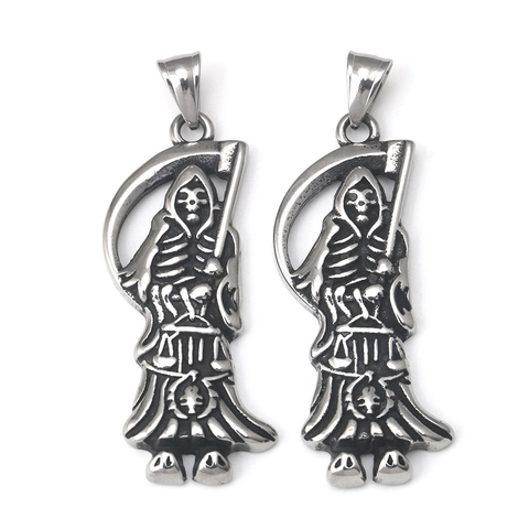 Vintage Stainless Steel Grim Reaper Scythe Pendant Necklace Gothic Punk Skull Skeleton Charm Jewelry Gift For Men Women Retro Silver Metal Necklace