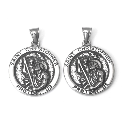 Saint Christopher Protect Us Hanger Halsketting Roestvrij Staal Retro Punk Hip Hop Religieuze Ronde Medaille Sieraden Unisex