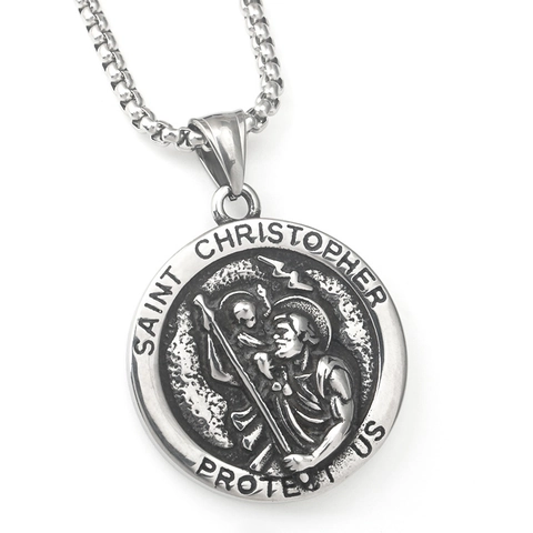 Saint Christopher Protect Us Hanger Halsketting Roestvrij Staal Retro Punk Hip Hop Religieuze Ronde Medaille Sieraden Unisex