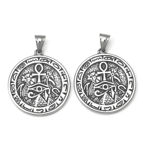 Vintage Stainless Steel Ancient Egyptian Pyramid Round Pendant Necklace Eye Of Horus Ankh Cross Hip Hop Rock Jewelry