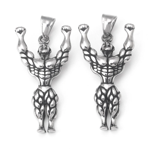 Vintage Stainless Steel Muscle Man Pendant Necklace For Men Fitness Bodybuilding Gym Workout Jewelry Sporty Silver Tone Necklaces