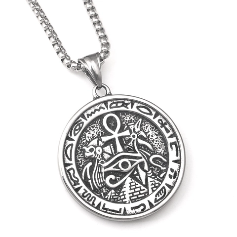 Vintage Stainless Steel Ancient Egyptian Pyramid Round Pendant Necklace Eye Of Horus Ankh Cross Hip Hop Rock Jewelry