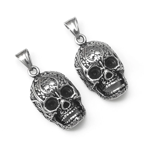 Retro Edelstahl Totenkopf Anhänger Halskette Für Herren Damen Gothic Punk Gravierte Sugar Skull Anhänger Hip Hop Schmuck
