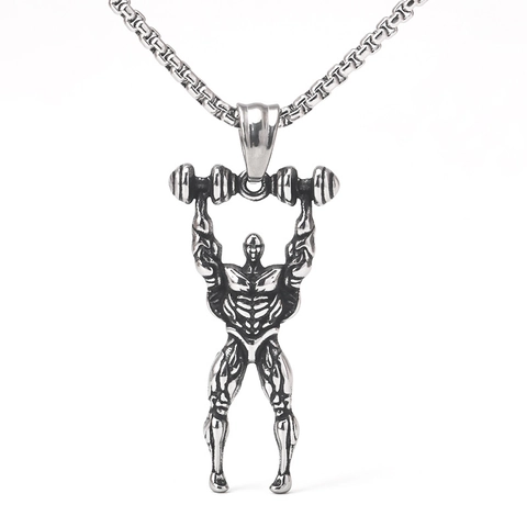 Vintage Stainless Steel Fitness Athlete Barbell Pendant Necklace For Men Sporty Bodybuilder Gym Jewelry Muscle Man Lifting Dumbbell Necklace