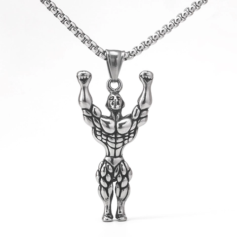 Vintage Stainless Steel Muscle Man Pendant Necklace For Men Fitness Bodybuilding Gym Workout Jewelry Sporty Silver Tone Necklaces