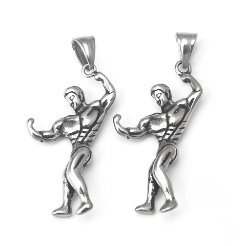Retro Stainless Steel Muscle Man Pendant Necklace Fitness Bodybuilding Strength Gym Jewelry Vintage Silver Necklaces For Men